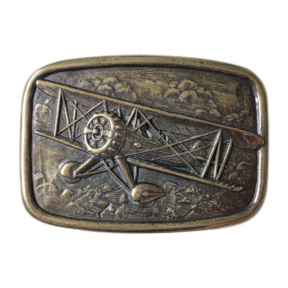 Vintage AVON 1985 Brass Belt Buckle Biplane Airplane Americana Boxed